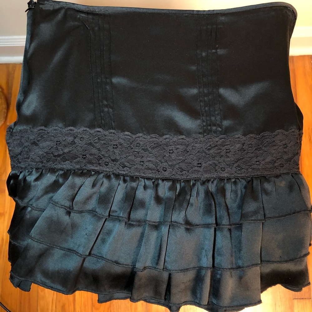 Black Silk, Lace, Ruffle & Pleat Detail Mini Skirt